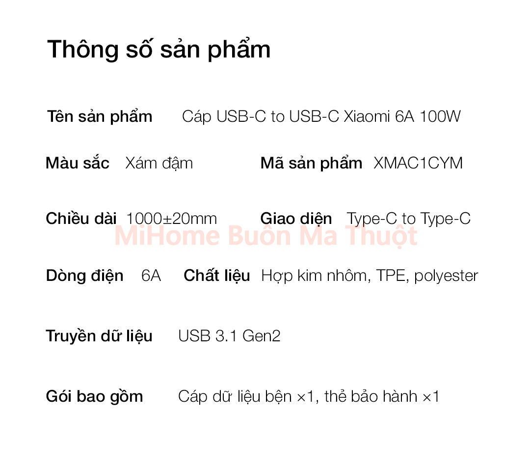 Cáp USB-C to USB-C Xiaomi 6A 100W