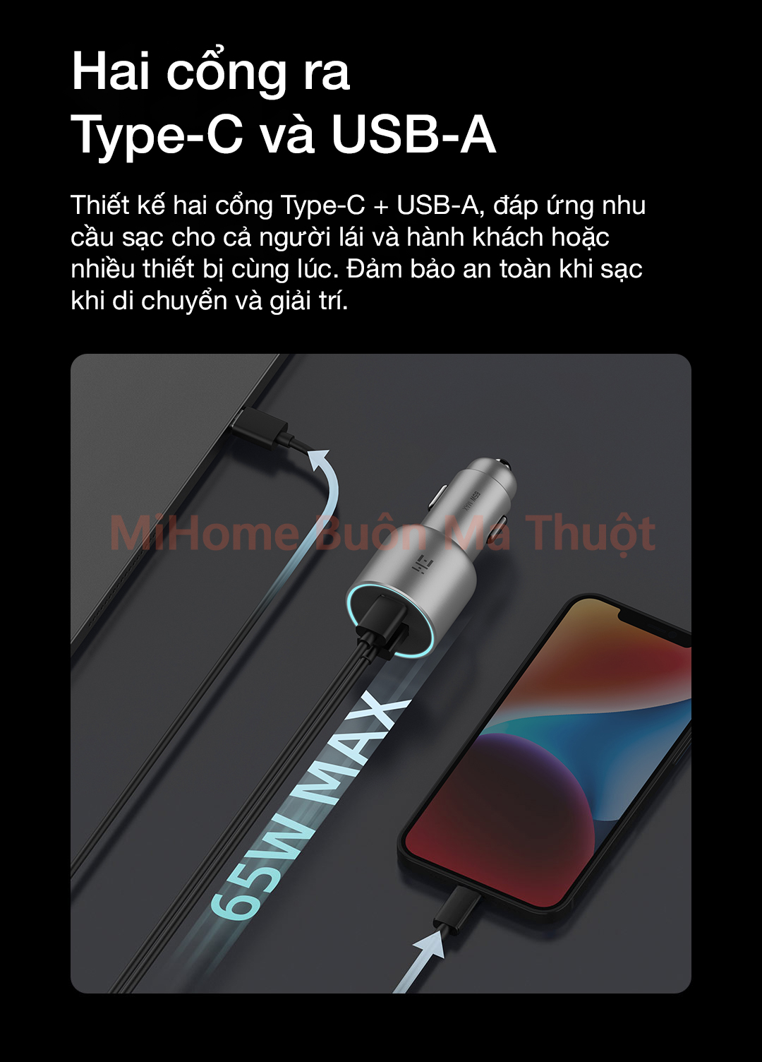 Tẩu sạc nhanh ô tô ZMI 65W 1A1C PD3.0