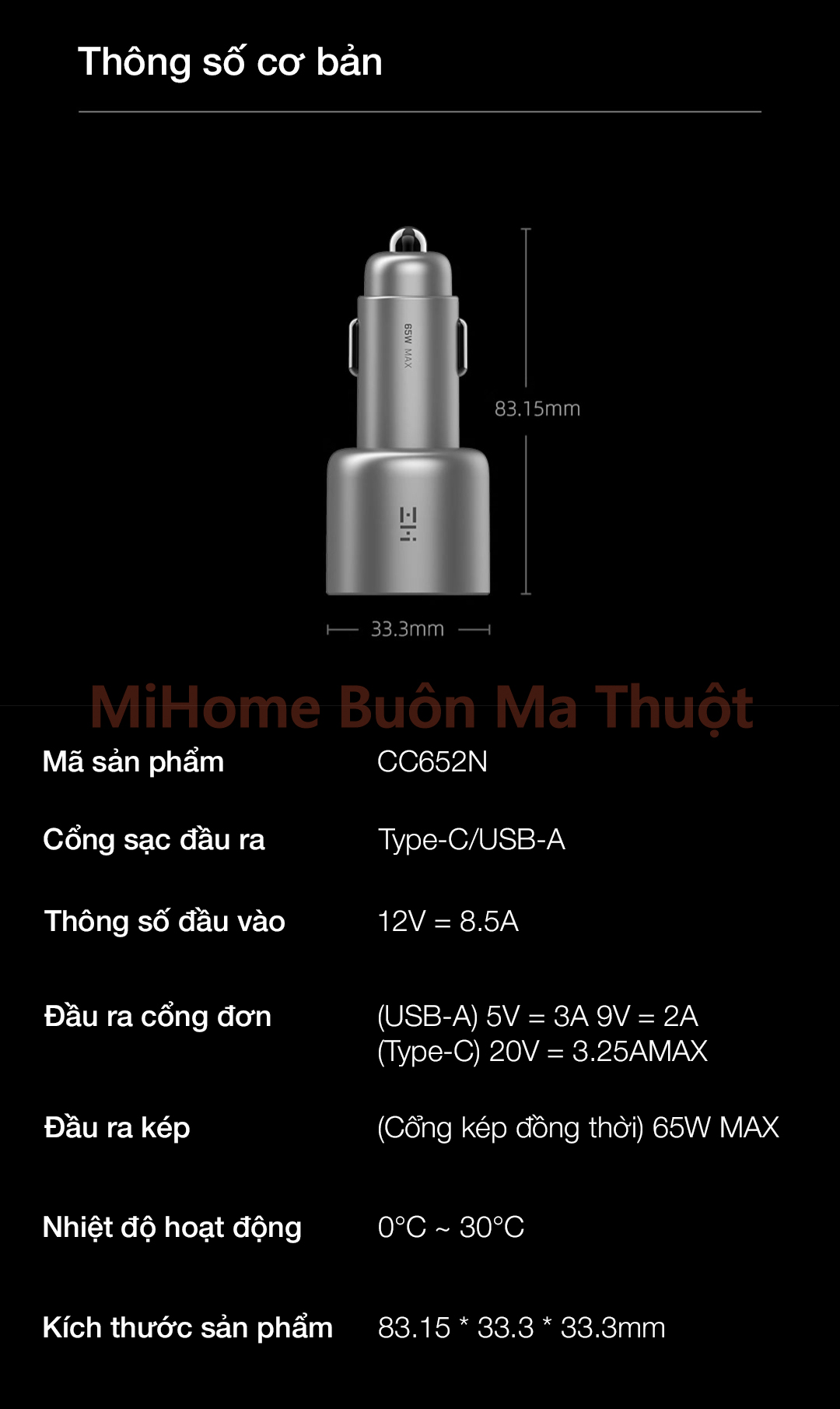 Tẩu sạc nhanh ô tô ZMI 65W 1A1C PD3.0