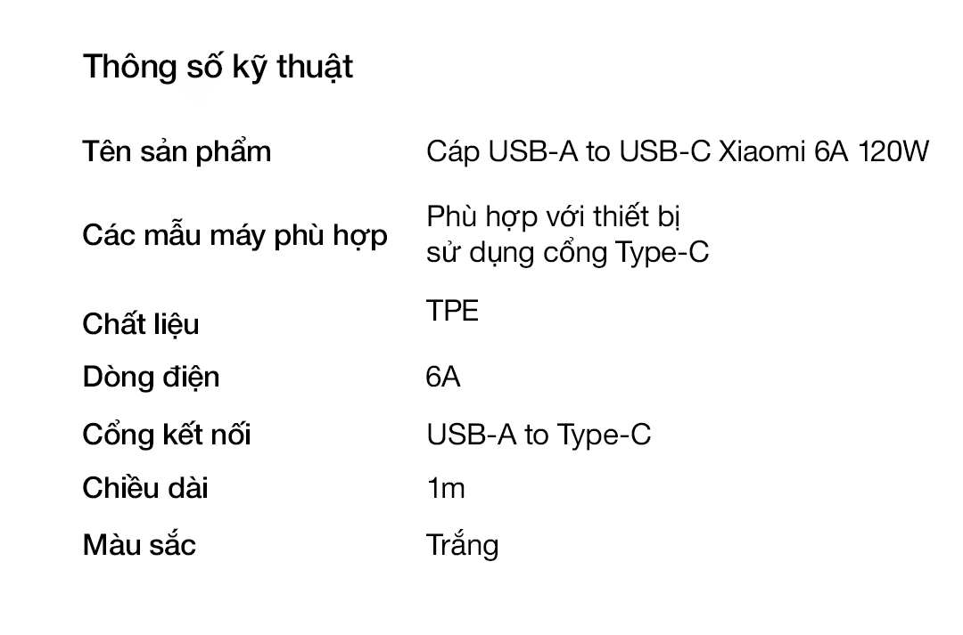 Cáp USB-A to USB-C Xiaomi 6A 120W